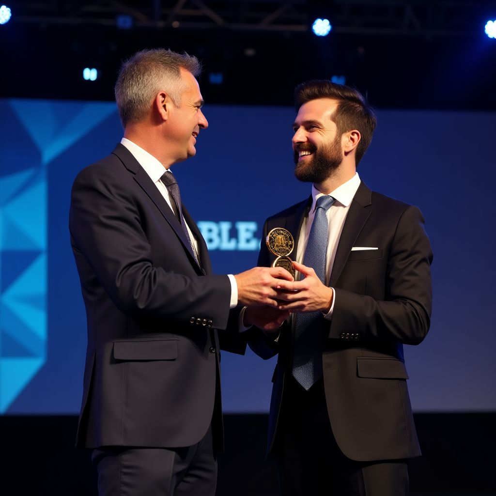 Jean-Michel Leclerc recevant un prix d'excellence financière